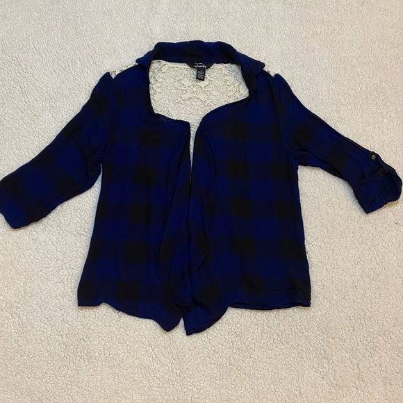 Justify Women’s Blue Black Plaid Cardigan Lace Back Size Small 3/4 Sleeve Cuffed - Picture 1 of 4